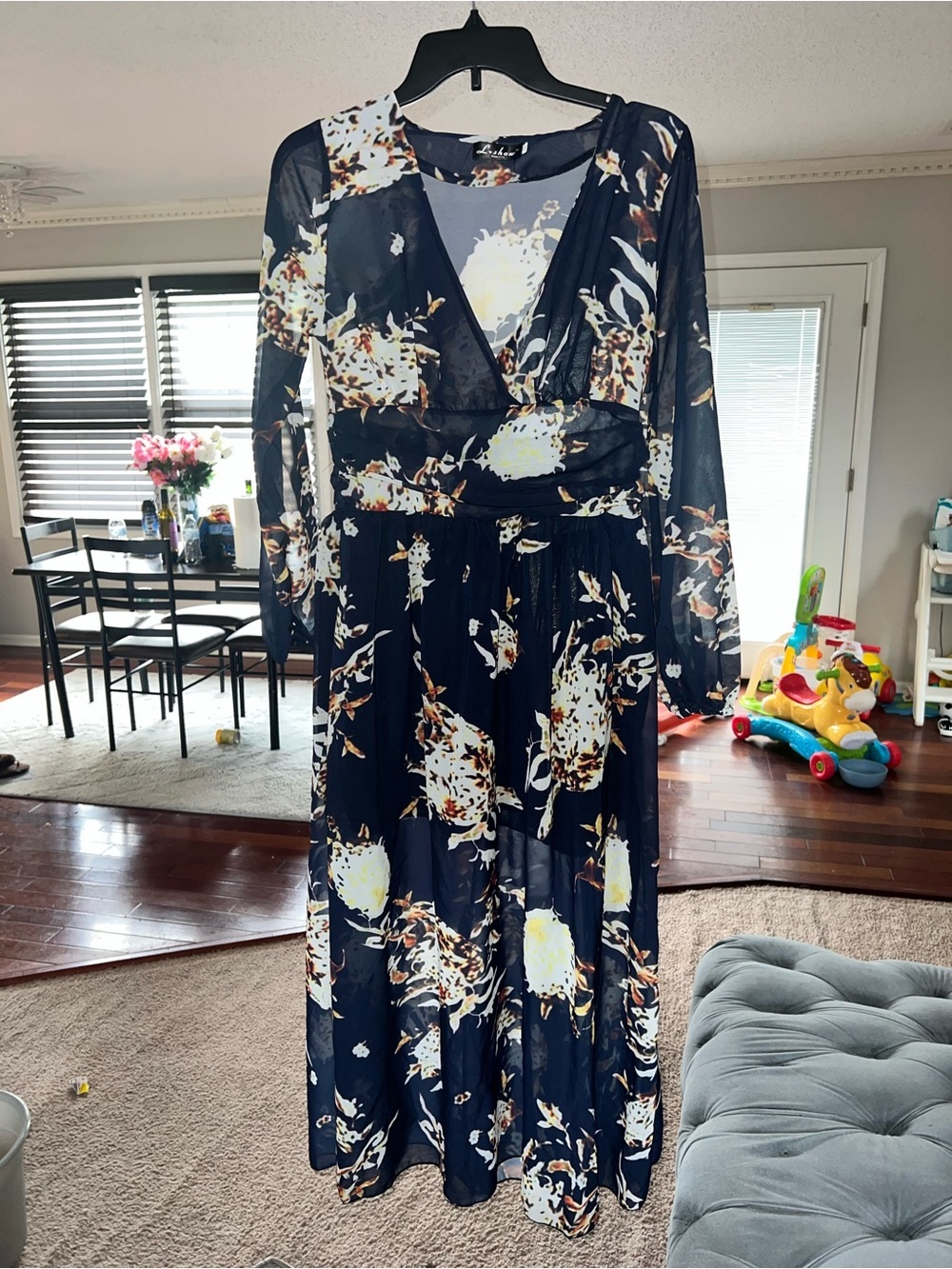 Lush Navy Floral Sheer Panel Maxi Dress with White and Yellow Flowers